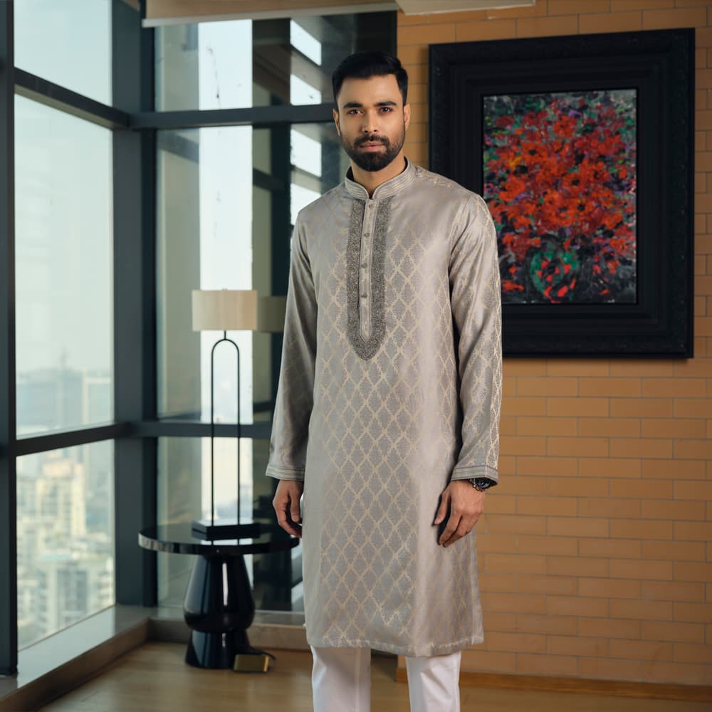 Lubnan Men’s Regular Fit Grey & Silver Color Premium Panjabi - LubnanBD